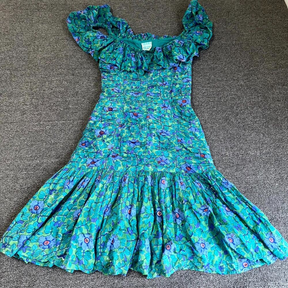Vintage 80's Anokhi Ruffle Off-Shoulder Dress Women’s 8 Teal Green Floral Cotton